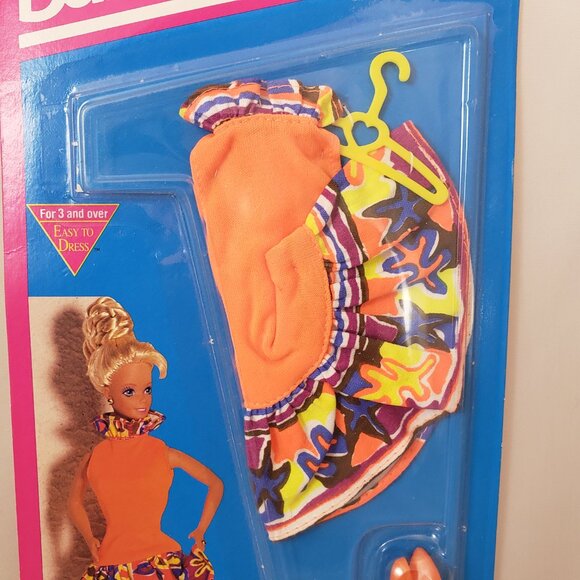 1992 Barbie Easy Living Fashions Neon Orange Ruffle Abstract Print Dress 860 - Picture 2 of 4